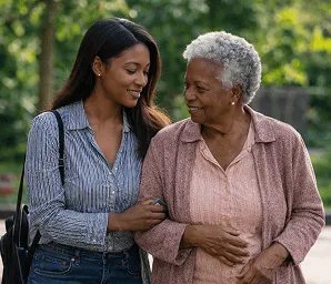 Caregiver walking arm in arm with an older woman outdoors