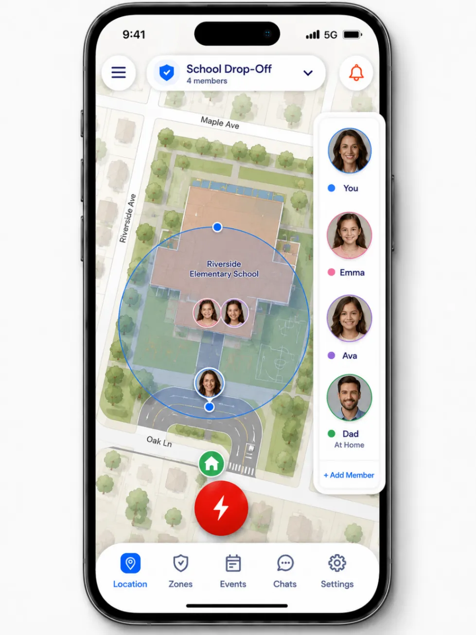 SafeZone365 family and school coordination screen showing trusted circles, a school pickup event, and a live map