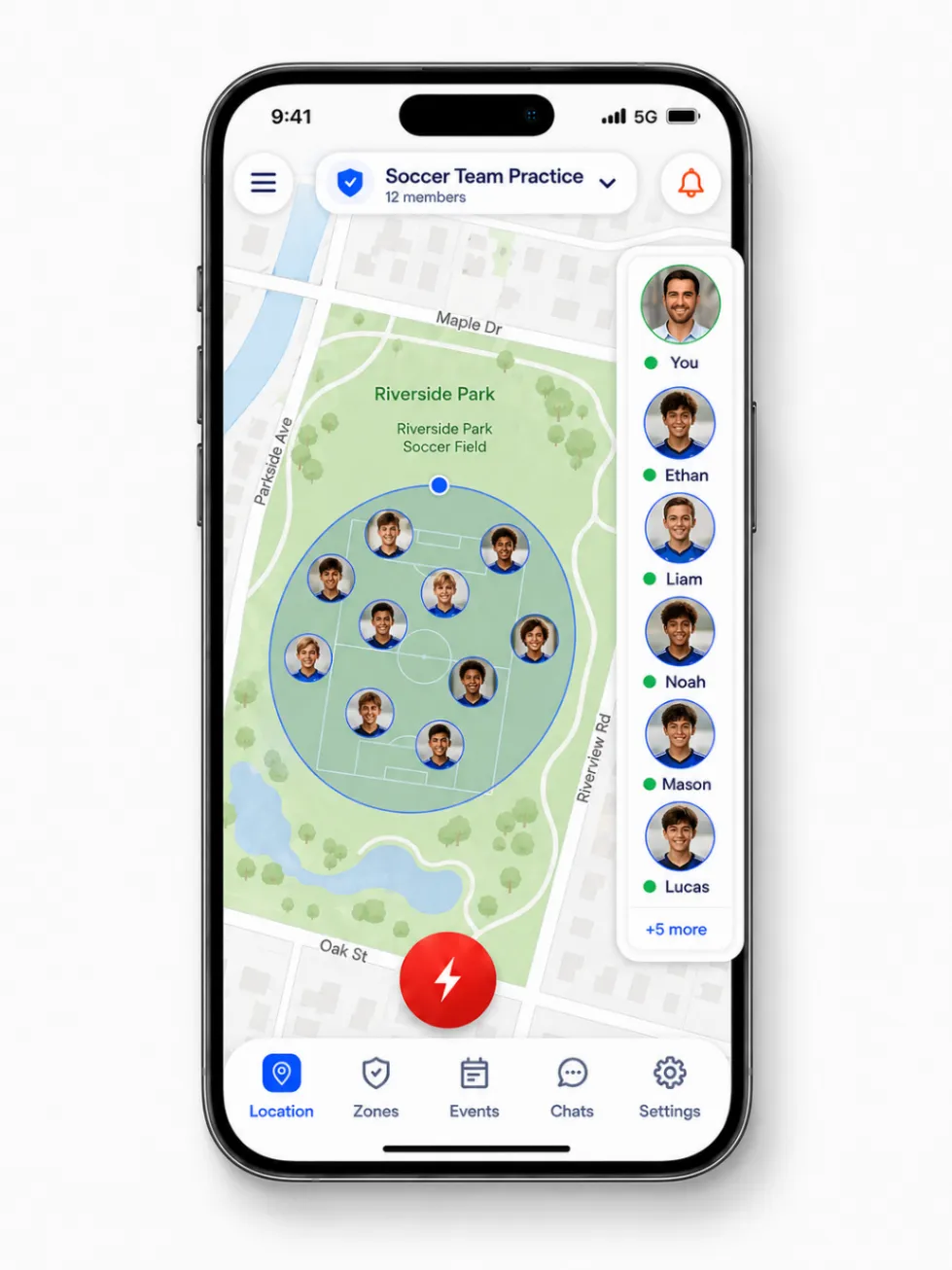 SafeZone365 soccer team coordination screen showing team members, practice details, and group updates